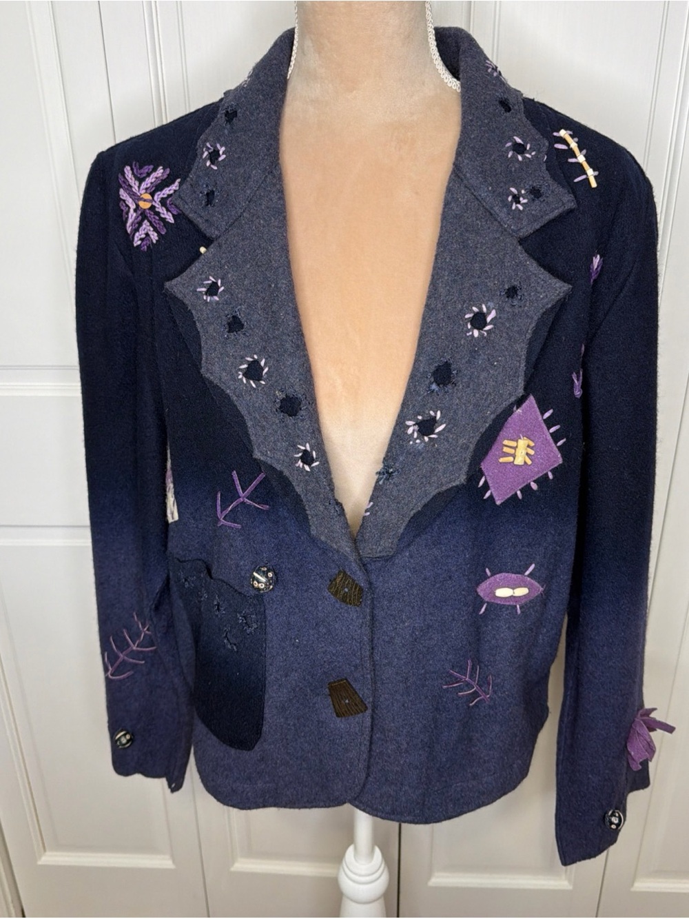 Vintage Sandy Starkman Embroidered Patchwork Jacket Medium Art-to-Wear Whimsical